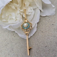 lang-guldnål-18-karat-blomst-i-midten-perle-turkiser-vintage-broche